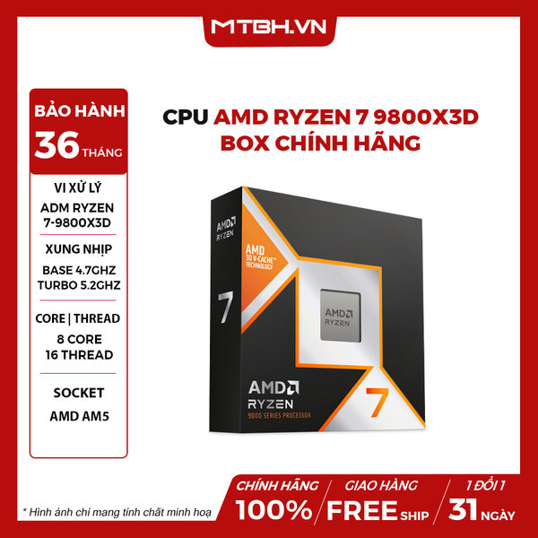 CPU AMD RYZEN 7 9800X3D (UPTO 5.2GHZ | 8 NHÂN - 16 LUỒNG)