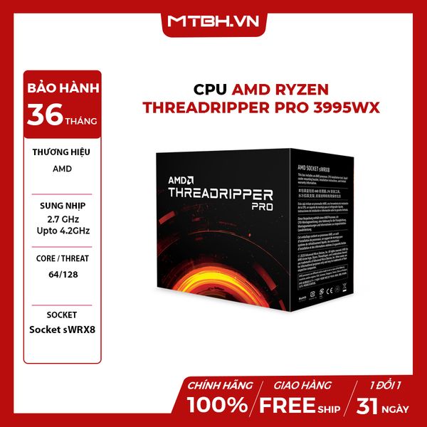 CPU AMD Ryzen Threadripper Pro 3995WX (2.7 GHz Upto 4.2GHz / 292MB / 64 Cores, 128 Threads / 280W / Socket sWRX8)