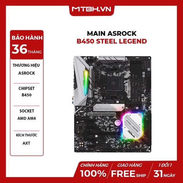 MAIN ASROCK B450 STEEL LEGEND (AMD B450, Socket AM4, ATX, 4 khe RAM DDR4)