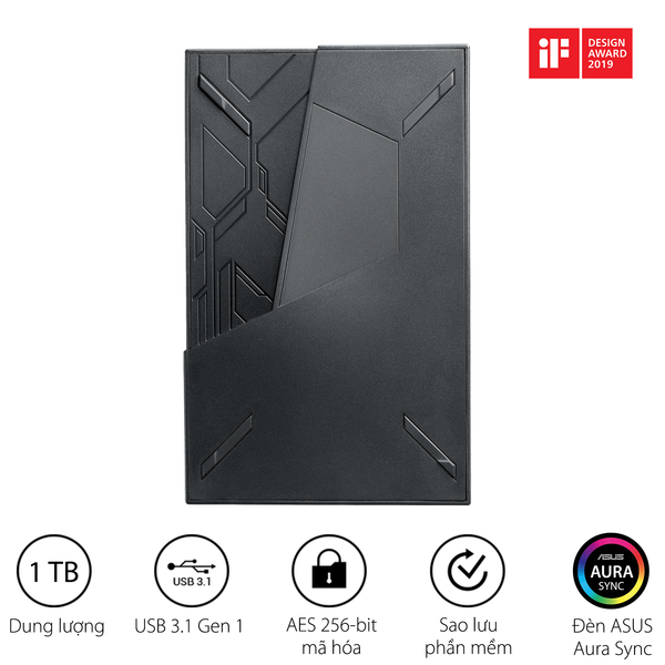 HDD BOX 1TB ASUS EHD-A1T/1TB/BLK/WW (Ổ cứng ngoài ASUS FX - Ổ cứng ngoài 2,5 inch, Aura Sync RGB, USB 3.1 Gen1, Mã hóa AES 256 bit, Sao lưu tự động)