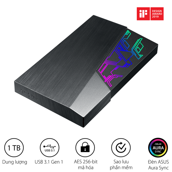 HDD BOX 1TB ASUS EHD-A1T/1TB/BLK/WW (Ổ cứng ngoài ASUS FX - Ổ cứng ngoài 2,5 inch, Aura Sync RGB, USB 3.1 Gen1, Mã hóa AES 256 bit, Sao lưu tự động)