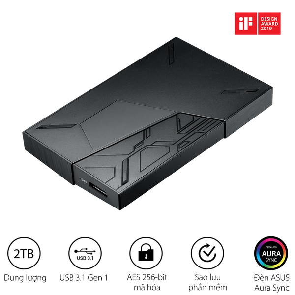 Ổ CỨNG DI ĐỘNG 2TB ASUS EHD-A2T/2TB/BLK/WW (Ổ cứng ngoài ASUS FX - Ổ cứng ngoài 2,5 inch, Aura Sync RGB, USB 3.1 Gen1, Mã hóa AES 256 bit, Sao lưu tự động) - HDD BOX