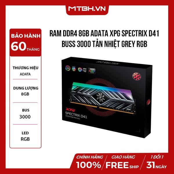 RAM DDR4 8GB ADATA XPG SPECTRIX D41 BUSS 3000 TẢN NHIỆT GREY RGB
