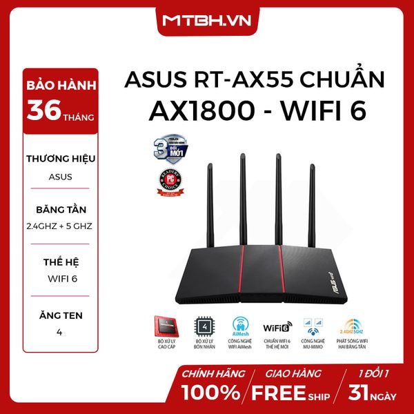 BỘ PHÁT WIFI ASUS RT-AX55 CHUẨN AX1800 (WIFI 6) - BLACK EDITION