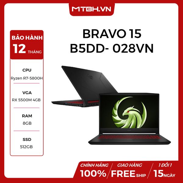 LAPTOP GAMING MSI BRAVO 15 B5DD- 028VN RYZEN 7-5800H | RX5500M 4GB GDDR6 | 8GB RAM | 512GB SSD | 15.6