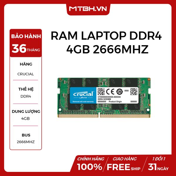 RAM LAPTOP DDR4 4GB CRUCIAL BUSS 2666 NEW BH 36TH