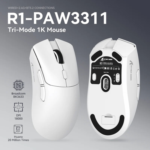 CHUỘT GAMING KHÔNG DÂY ATTACK SHARK R1 - TRẮNG / Pixart 3311 / BLUETOOTH / WIRELESS 2.4G / Type-C | SIÊU NHẸ 59G
