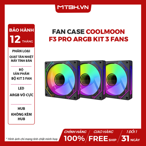 FAN CASE F3 PRO ARGB BLACK - KIT 3 CÁI | LED VÔ CỰC | SYNC MAIN
