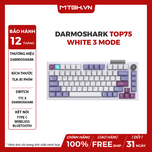 BÀN PHÍM CƠ DARMOSHARK TOP75 WHITE 3 MODE (CÓ DÂY + WIRELESS 2.4GHZ + BLUETOOTH 5.0)