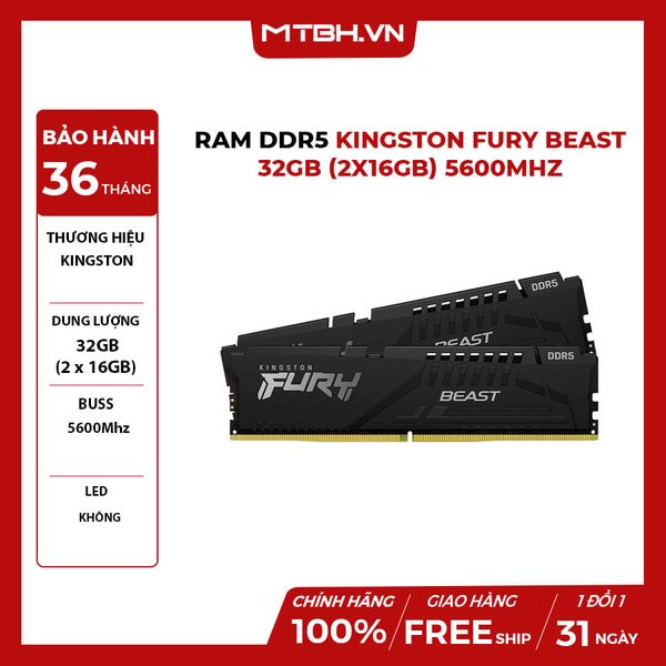 Ram DDR5 32GB Kingston Fury Beast (2x16GB) 5600Mhz