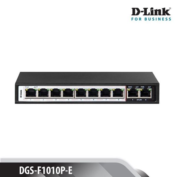 SWITCH POE GIGABIT D-LINK DGS-F1010P - TỐC ĐỘ 10/100/1000MBPS - 10 PORT (8 PORT POE 250M + 2 PORT UPLINK)