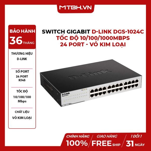 SWITCH GIGABIT D-LINK DGS-1024C - TỐC ĐỘ 10/100/1000MBPS - 24 PORT - VỎ KIM LOẠI