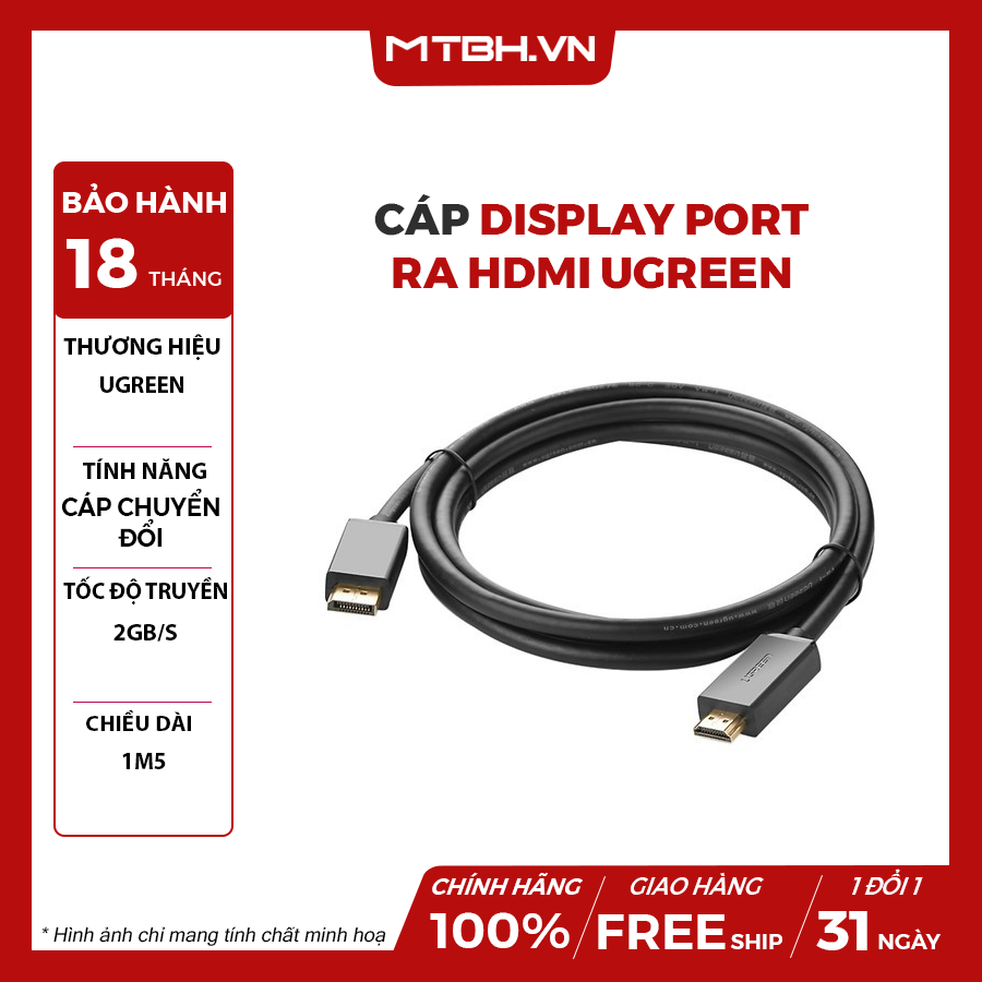 Cáp Displayport ra HDMI 4Kx2K dài 2M Ugreen 10202 – Máy Tính