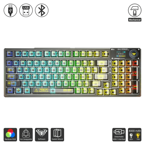 Bàn Phím Cơ AULA F98 PRO LED RGB 3 Modes,Màn Hình Phụ, Núm Xoay, Hotswap , Keycap Trong Suốt Black