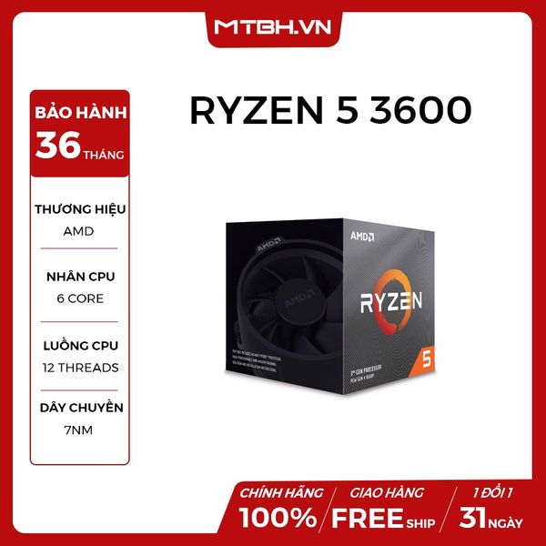 CPU AMD Ryzen 5 3600, with Wraith Stealth cooler/ 3.6 GHz (4.2GHz Max Boost) / 36MB Cache / 6 cores / 12 threads / 65W / Socket AM4 Box Công Ty
