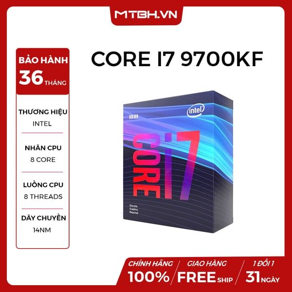 CPU INTEL CORE i7-9700KF (3.6GHz turbo up to 4.9GHz, 8 nhân 8 luồng, 12MB Cache, 95W) - LGA 1151 BOX CHÍNH HÃNG