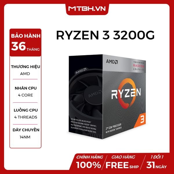 CPU AMD Ryzen 3 3200G, with Wraith Stealth cooler/ 3.6 GHz (4.0 GHz with boost) / 6MB / 4 cores 4 threads / Radeon Vega 8 / 65W / Socket AM4