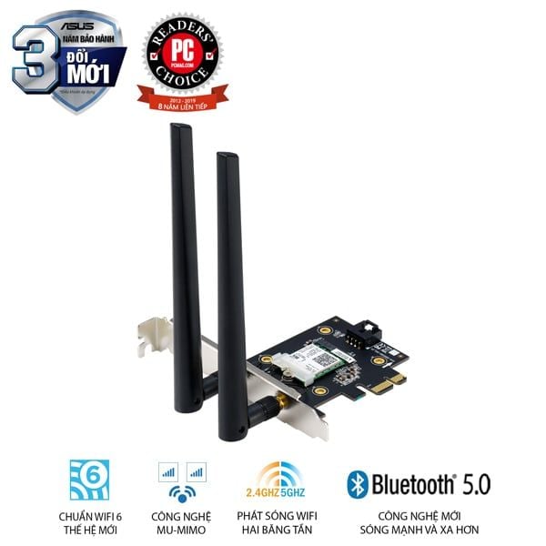 CARD MẠNG ASUS PCI-E AX3000 ADAPTER PCI-E KHÔNG DÂY AX3000 WIFI 6, 2 BĂNG TẦN, BLUETOOTH 5.0, MU-MIMO - TRAY