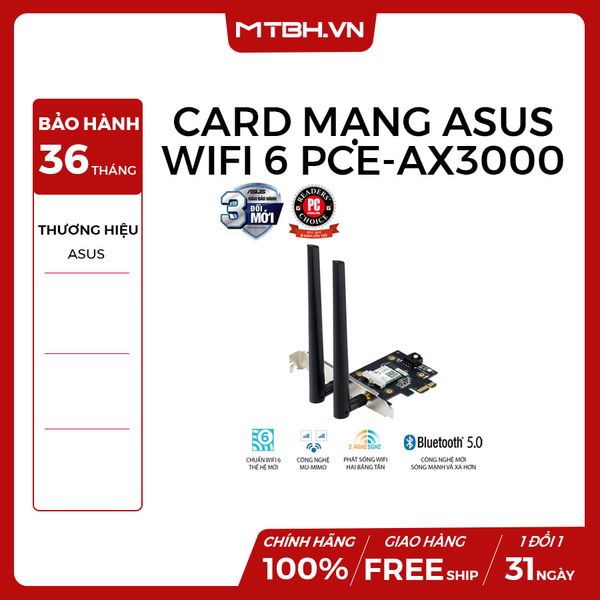 CARD MẠNG ASUS PCI-E AX3000 ADAPTER PCI-E KHÔNG DÂY AX3000 WIFI 6, 2 BĂNG TẦN, BLUETOOTH 5.0, MU-MIMO - TRAY