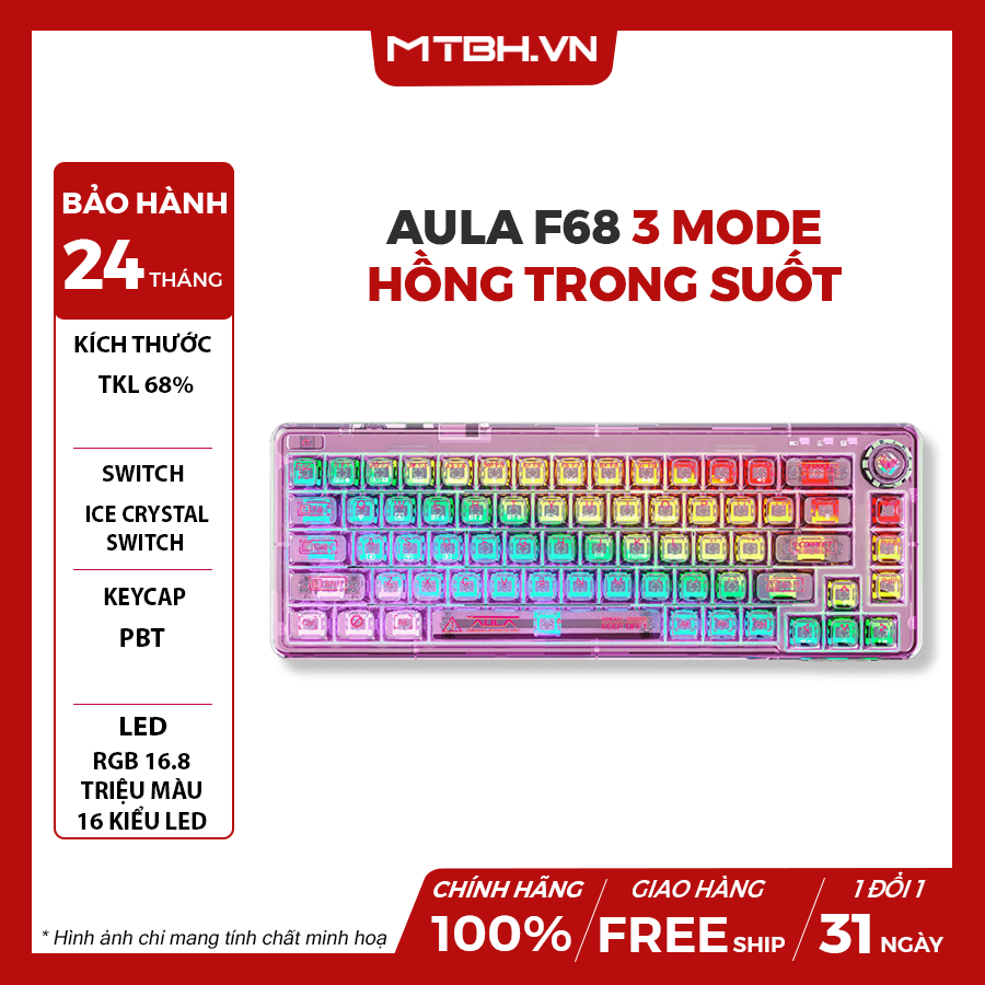BÀN PHÍM CƠ AULA F68 3 MODE HỒNG TRONG SUỐT (TYPEC + 2.4G + BLUETOOTH ...