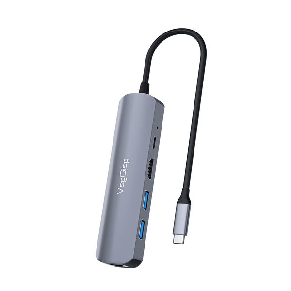 HUB USB TYPEC 5 in 1 VegGieg V-TC05R - Chuyển đổi USB type C sang HDMI, RJ45, USB 3.0, USB -C PD