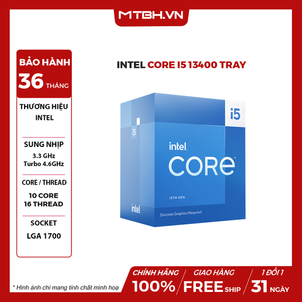 Intel Core i5 13400 (Up To 4.60GHz, 10 Nhân 16 Luồng,20MB Cache, Raptor Lake) 13TH BOX CTY BH 36 THÁNG