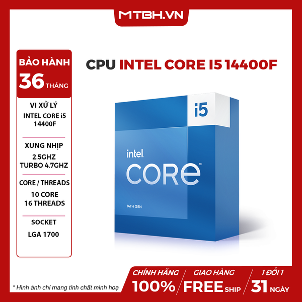 CPU INTEL CORE I5 14400F (UP TO 4.7GHZ, 10 NHÂN 16 LUỒNG, 20MB CACHE, 65W) BOX CHÍNH HÃNG GEN 14