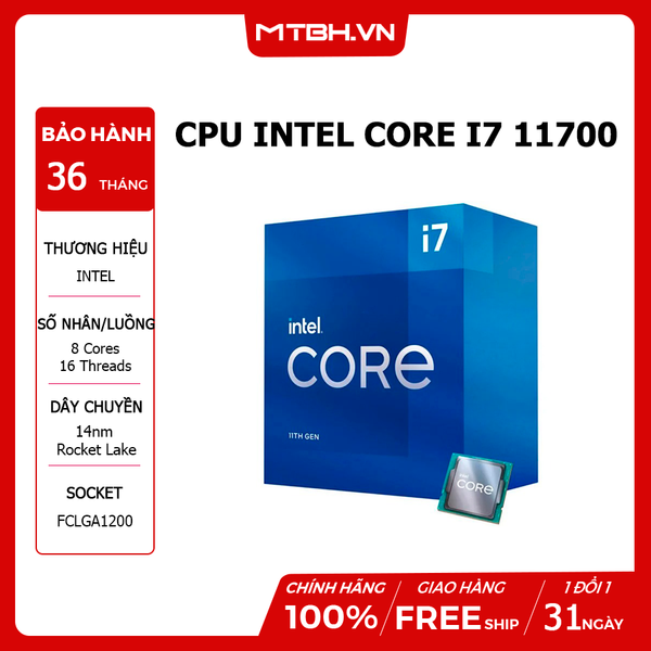 CPU INTEL ROCKET I7 11700 (2.5GHz Turbo 4.9GHz, 8 nhân 16 luồng, 16MB Cache, 65W) 11TH NEW BOX CHÍNH HÃNG