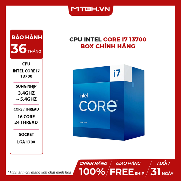 CPU Intel Core i7 13700 (3.4GHz turbo up to 5.4Ghz, 16 nhân 24 luồng, 24MB Cache, 125W) - Socket Intel LGA 1700/Alder Lake) 13TH BOX CHÍNH HÃNG