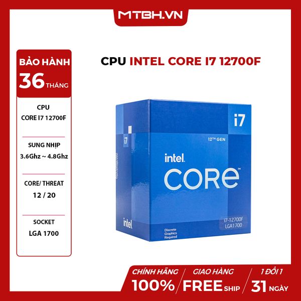 CPU Intel Core i7 12700F (Up to 4.8Ghz, 12 nhân 20 luồng, 25MB Cache, 125W) 12TH BOX CTY