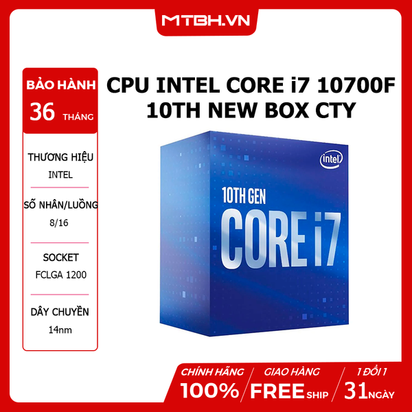 CPU INTEL CORE i7 10700F (2.9GHz turbo 4.8GHz | 8 nhân | 16 luồng | 16MB Cache) 10TH NEW BOX CTY