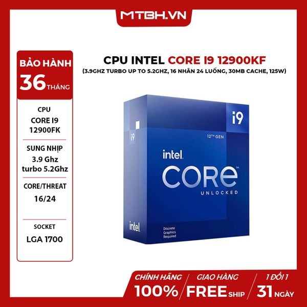 CPU Intel Core i9-12900KF (3.9GHz turbo up to 5.2Ghz, 16 nhân 24 luồng, 30MB Cache, 125W) 12th BOX CHÍNH HÃNG