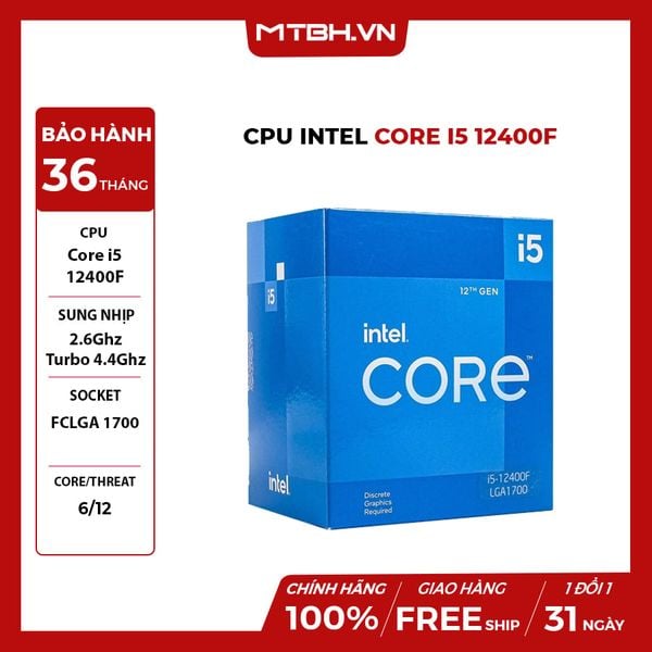 CPU Intel Core i5 12400F (Upto 4.4Ghz, 6 nhân 12 luồng, 18MB Cache, 65W - Socket Intel LGA 1700) BOX CHÍNH HÃNG 12TH