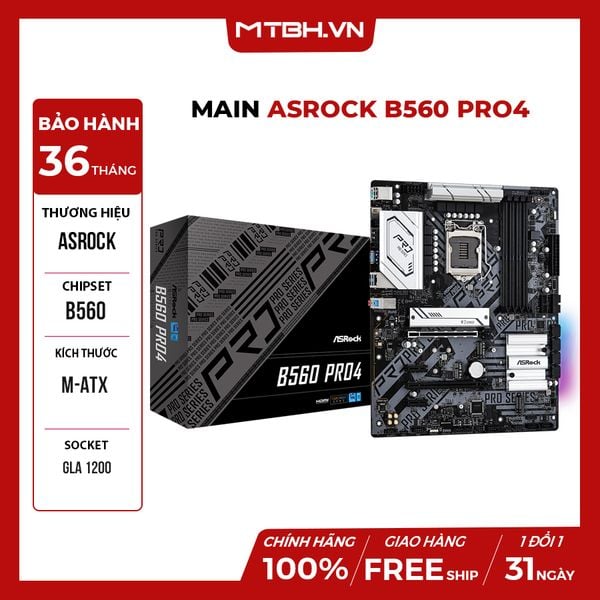 Main ASROCK B560 PRO4 (Intel B560, Socket 1200, m-ATX, 4 khe Ram DDR4))