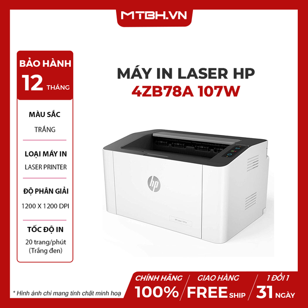 Máy In Laser Trắng Đen HP 107W (4Zb78A) Wifi