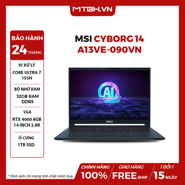 LAPTOP MSI STEALTH14 AI STUDIO A1VFG-085VN CORE ULTRA 7 155H | RTX 4060 8GB | 1TB SSD | 32GB RAM | 14