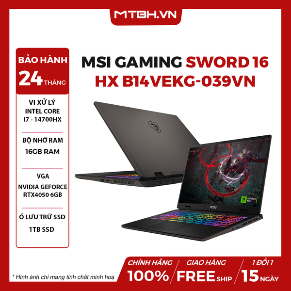 LAPTOP MSI GAMING SWORD 16 HX B14VEKG-039VN CORE I7-14700HX | RTX4050 6GB | 16GB RAM | 1TB SSD | 16