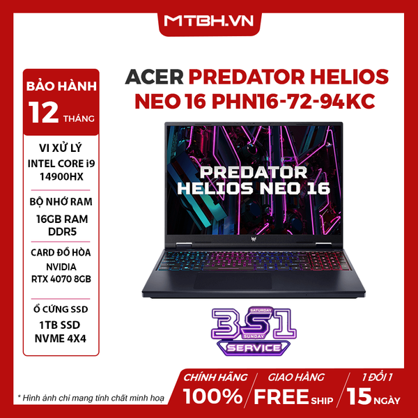 LAPTOP ACER PREDATOR HELIOS NEO 16 PHN16-72-94KC CORE i9-14900HX | RTX 4070 8GB | 16GB RAM | 1TB SSD | 16' QHD 240Hz 100% DCI-P3 | Win 11