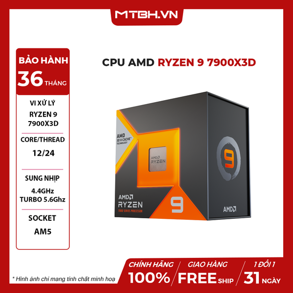 CPU AMD Ryzen 9 7900X3D / 4.4GHz Boost 5.6GHz / 12 nhân 24 luồng / 140MB / AM5