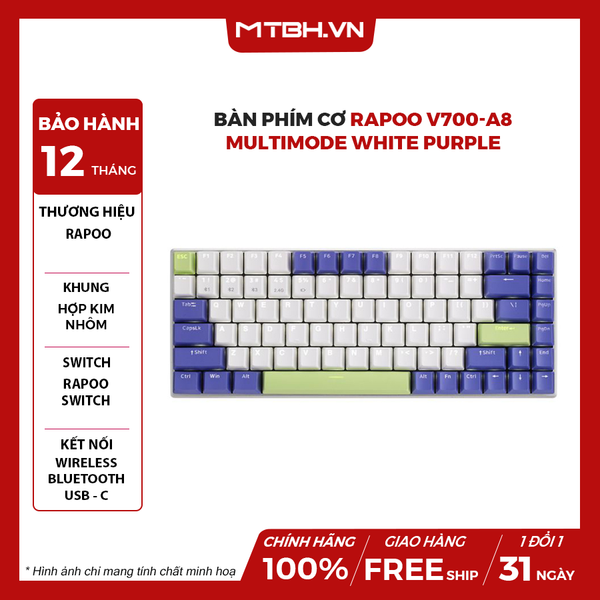 Bàn Phím Cơ Rapoo V700-A8 Multimode White Purple (Bluetooth 5.0/ 2.4Ghz/ USB-C)