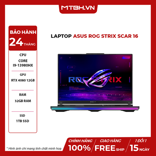 LAPTOP ASUS ROG STRIX SCAR 16 G634JZ-N4029W CORE I9-13980HX | RTX 4080 12GB | 32GB RAM | 1TB SSD | 16″ WQXGA 240Hz IPS | Per-key Keyboard RGB | Win 11