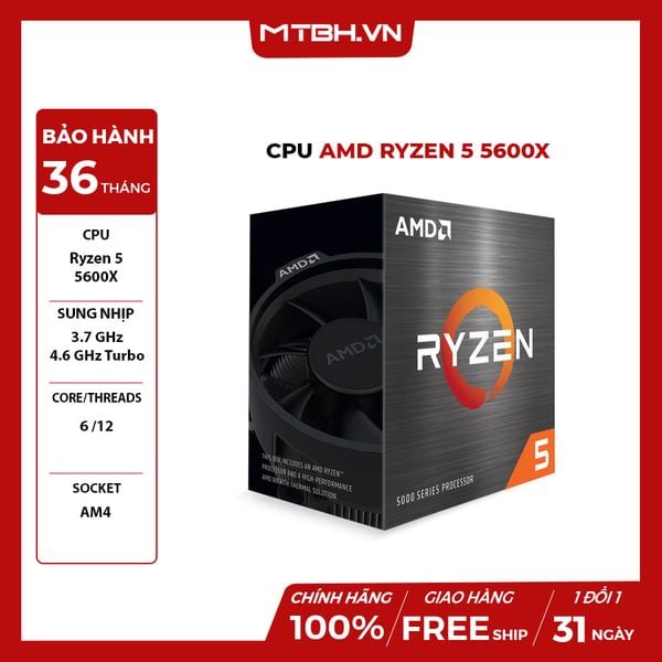 CPU AMD Ryzen 5 5600X 3.7 GHz (4.6GHz Max Boost) / 35MB Cache / 6 cores, 12 threads / 65W / Socket AM4 TRAY