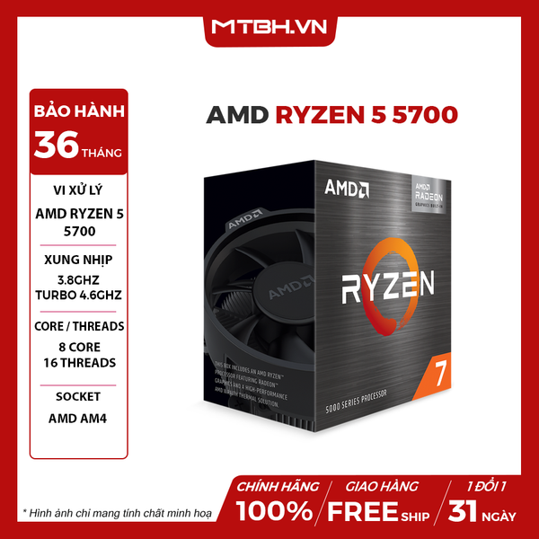 CPU AMD RYZEN 7 5700 (3.7GHZ UPTO 4.6GHZ / 20MB / 8 CORES, 16 THREADS / 65W / SOCKET AM4)