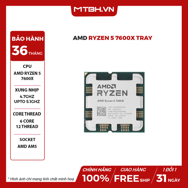 CPU AMD Ryzen 5 7600X TRAY BH 36 THÁNG