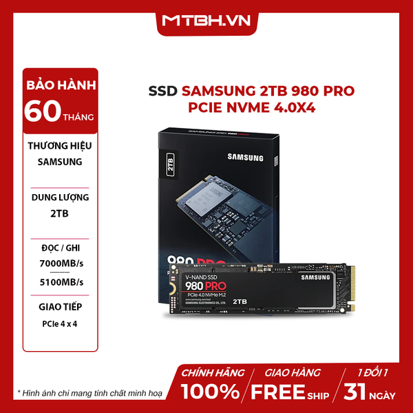 SSD Samsung 2TB 980 PRO PCIe NVMe 4.0x4 (Đọc 7000MB/s - Ghi 5100MB/s)