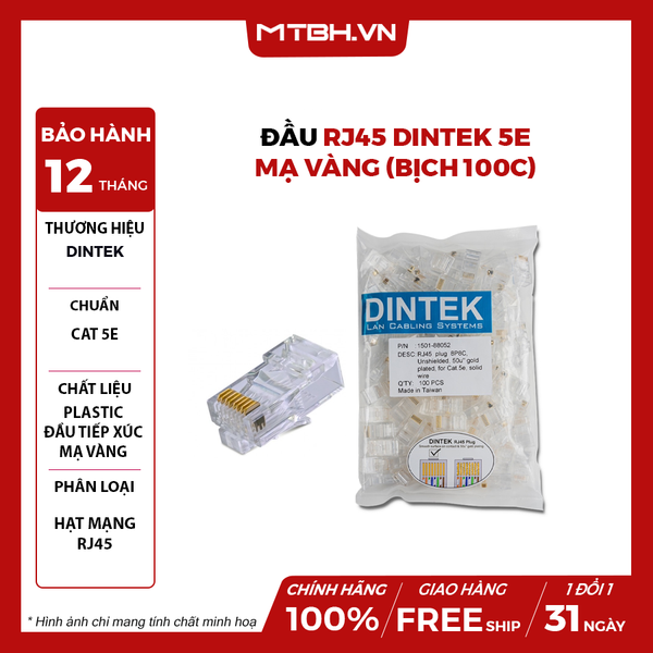 ĐẦU RJ45 DINTEK 5E MẠ VÀNG (BỊCH 100C)