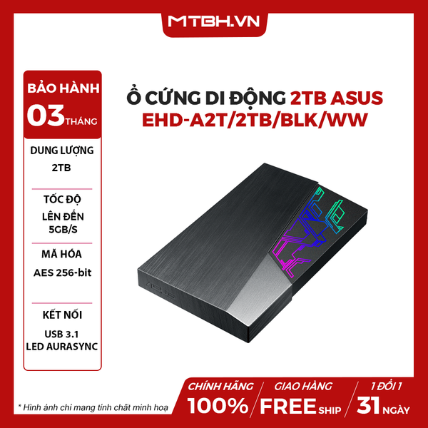 Ổ CỨNG DI ĐỘNG 2TB ASUS EHD-A2T/2TB/BLK/WW (Ổ cứng ngoài ASUS FX - Ổ cứng ngoài 2,5 inch, Aura Sync RGB, USB 3.1 Gen1, Mã hóa AES 256 bit, Sao lưu tự động) - HDD BOX