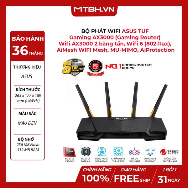 BỘ PHÁT WIFI ASUS TUF Gaming AX3000 (Gaming Router) Wifi AX3000 2 băng tần, Wifi 6 (802.11ax), AiMesh WIFI Mesh, MU-MIMO, AiProtection, USB 3.1