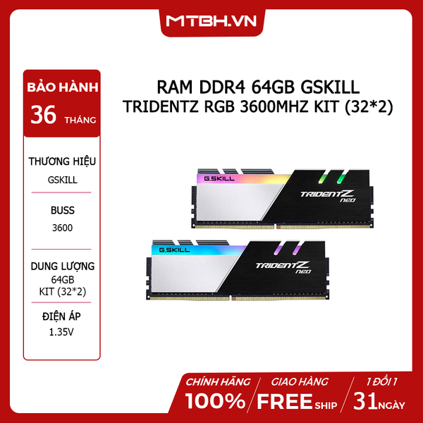 RAM DDR4 64GB GSKILL TRIDENTZ RGB 3600Mhz (32*2)