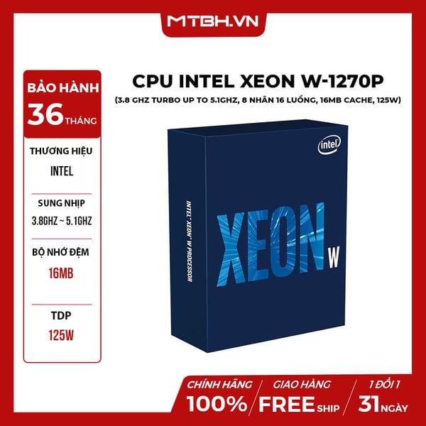 CPU Intel Xeon W-1270P (3.8 GHz turbo up to 5.1GHz, 8 nhân 16 luồng, 16MB Cache, 125W) - Socket Intel LGA 120